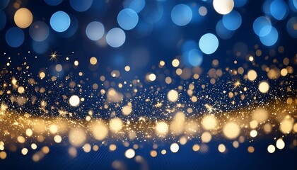 Wall Mural - holiday and christmas background with dark blue and gold particles and shiny bokeh on navy blue background