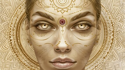 Wall Mural - A woman with gold and red designs on her face