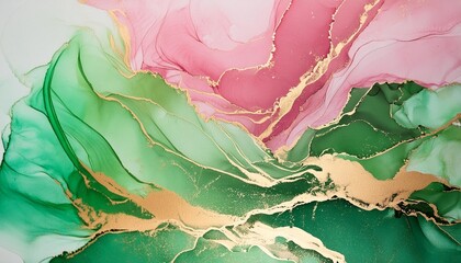 Wall Mural - fluid marbled watercolor background in green pink and gold for banner or illustration with abstract paper texture