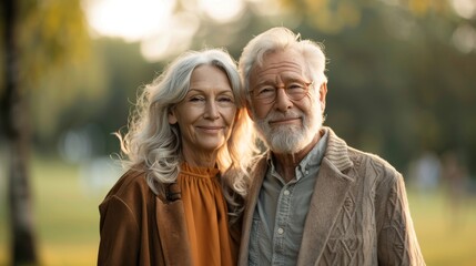 Wall Mural - Happy mature couple husband and wife walk summer in the park at sunset