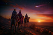 © Giotto - Journey of the magi. The three wise men are riding on camels in the desert at dusk, wearing colorful robes and crowns, following the comet star shining bright in the sky and pointing to Bethlehem.
