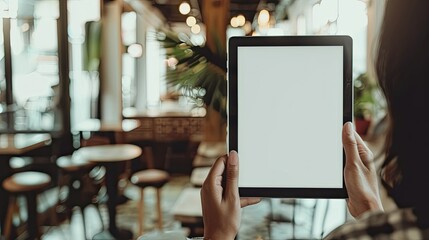 Wall Mural - Female hands holding digital tablet with white screen in modern cafe interior. Mockup for app display.