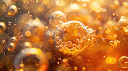 Vibrant orange bubbles in mineral water captured in macro art photography