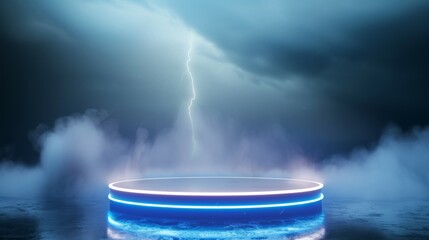 Wall Mural - A blue and neon lighted circular stage with a storm in the background