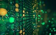 © panumas - Close-up of green and yellow binary code on a digital screen, with a blurred, glowing background.