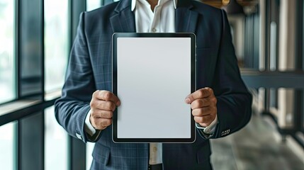 Man in suit holding iPad digital tablet mockup with blank screen in professional office setting. Customize with your app or website design