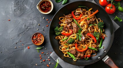 Wall Mural - Mouth-watering stir-fry noodles with meat and vegetables in wok on grey textured table, top view. Perfect for Asian cuisine concepts.