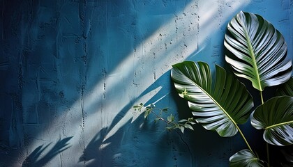 Wall Mural - a green leafy plant against a blue concrete wall with soft light highlighting it creating a charming scene with copy space image