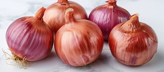 Poster - Red Onions on White Marble Background