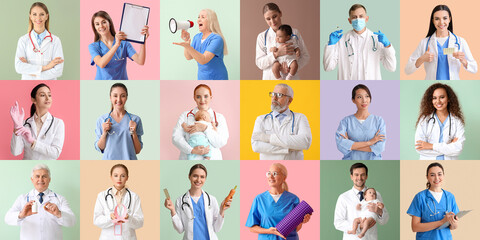 Sticker - Collage of many doctors on color background