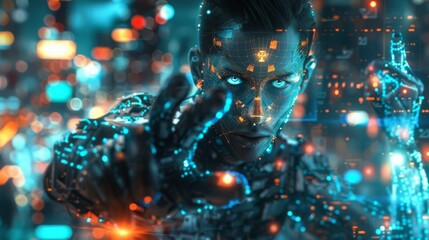Aufkleber - A cyborg man with glowing blue eyes reaches out towards the viewer, standing in a futuristic city with brightly lit digital backgrounds.