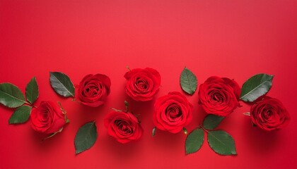 Canvas Print - vibrant red roses in a stunning top view arrangement on a scarlet background copy space available