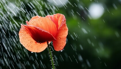 Canvas Print - red poppy flower on a rainy day with water drops and green blurred background