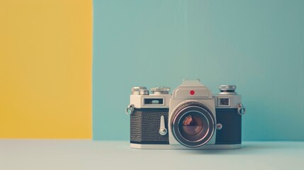 Vintage SLR camera on bright background with free space