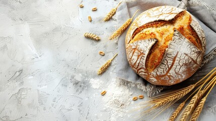 Wall Mural - Top view of delicious homemade fresh baked bread with flour and wheat ears on light grey stone background. Perfect for artisanal bakery themes.