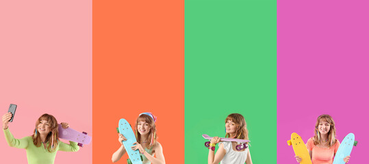 Sticker - Collage of stylish woman with skateboards on color background