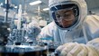 © Nattawee - An aerospace technician in a cleanroom meticulously assembles a complex satellite component, wearing specialized protective gear.