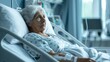 © Daniel - terminally ill American woman, elderly grandmother, bedridden, in a hospital bed, serene hospital room, soft natural light, medical equipment around,