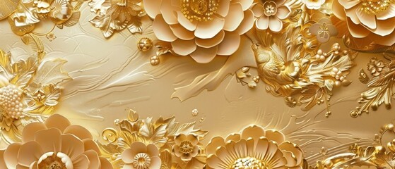Wall Mural - Intricate Floral Pattern on Golden Texture with Japanese Accents