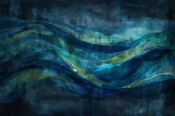 Wall Mural - Broad, curved paint strokes in deep blues and greens, creating a wave-like pattern on a textured dark background, with soft light reflections, hd quality, natural look