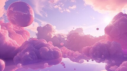 Canvas Print - a vibrant, dreamlike fantasy landscape unfolds, bathed in the ethereal glow of purple cumulus clouds