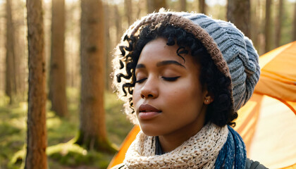 Wall Mural - black woman breathing fresh air in the forest with woolen clothes, scarf, cap