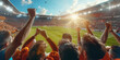 © khonkangrua - Large crowd of football fans cheering in a stadium, raising their arms in excitement during a sunny match, celebrating a victory.