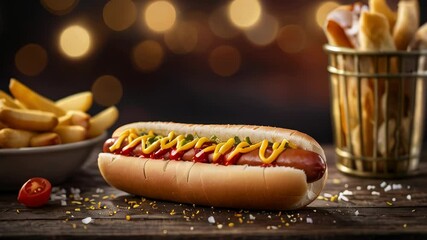 Wall Mural - Close Up Of A Hot Dog With Mustard And Ketchup On A Bun