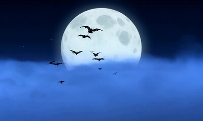 Wall Mural - Halloween background animation with the concept of blue sky, moon, fog, flying bats. Scary night of halloween. Night of halloween blue sky background animation