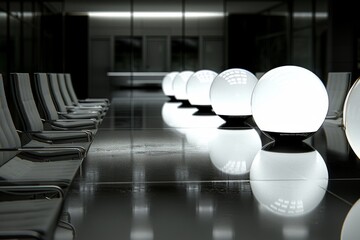 Sticker - Minimalist office interior with black and white color scheme and futuristic design.