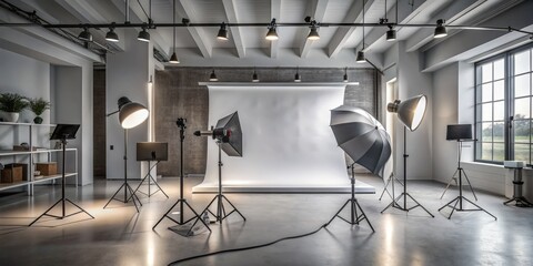 A sleek commercial photo studio setup with gray backdrop, professional lighting, and various props, ready for product photography, showcasing luxurious and modern architecture.