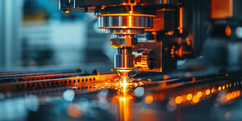 Detailed view of an industrial CNC machine at work in a manufacturing setting, showcasing sparks and precision.