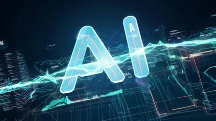 Canvas Print - A 3D rendering of the letters AI in a futuristic font, illuminated with electric blue and pink sparks, against a dark purple background.