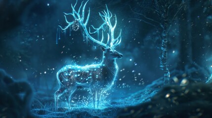 Aufkleber - A luminous deer stands in a winter forest, its antlers adorned with glowing lights, surrounded by shimmering particles.