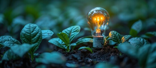 Poster - Illuminated Growth: A Light Bulb Amidst Greenery