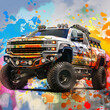 © Dhelphie - Colorful off-road truck with a paint splatter background.