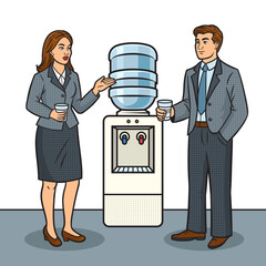 Wall Mural - office workers talk near water cooler dispenser pinup pop art retro PNG illustration. Comic book style imitation.