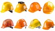 © Damerfie - An assorted set of eight safety helmets in different colors and designs, showcasing the variety of protective headgear used across various professions, emphasizing safety.