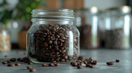 Sticker - Close up of coffee beans in glass jar on gray table