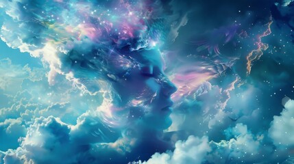 Aufkleber - A blue and purple abstract face is formed in the clouds against a backdrop of a blue sky.