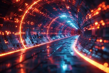 Poster - Abstract tunnel with colorful glowing lines in spiral shape, volumetric lights, digital and binary codes. red and blue colors.