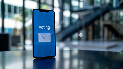 Smartphone displaying voting screen with an envelope icon, representing online or mobile voting, in a modern office setting.