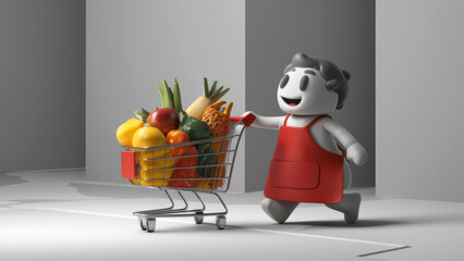 Poster - A cartoon character pushing a shopping cart full of vegetables, AI