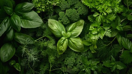 A lively and green top view of a cruelty-free herbal garden, showcasing a variety of lush plants and essential herbs in a vibrant arrangement