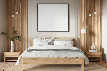 Wall Mural - This UHD image depicts a warm and inviting bedroom interior, highlighting the wooden elements and stylish decor.