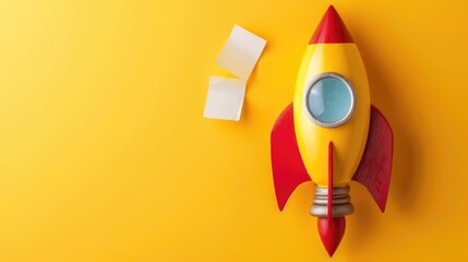 Sticker - Idea generation with rocket light bulb and note on yellow backdrop for business success and creativity