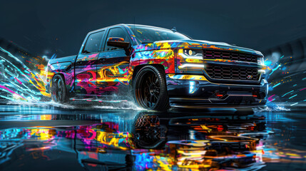 Colorful pickup truck with splashes of paint and light streaks.