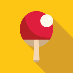 Canvas Print - Minimalist flat lay image of a red ping pong paddle and white ball casting a shadow on a yellow background