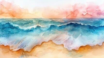 Poster - Watercolor Seascape with Sunset Clouds