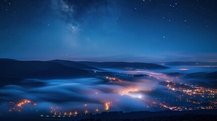 A city at night with a foggy mist and a starry sky. Generate AI image